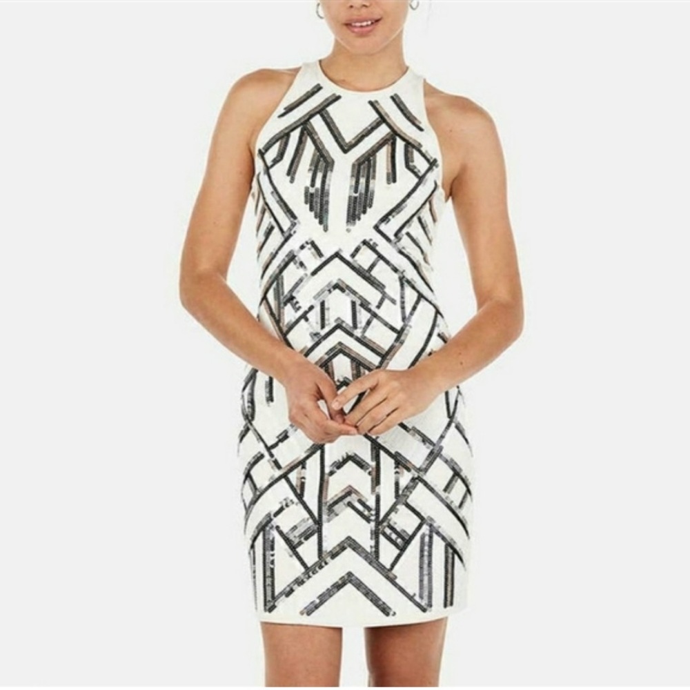 Express Sleeveless White and Black snd Silver Sequin Dress 🆕